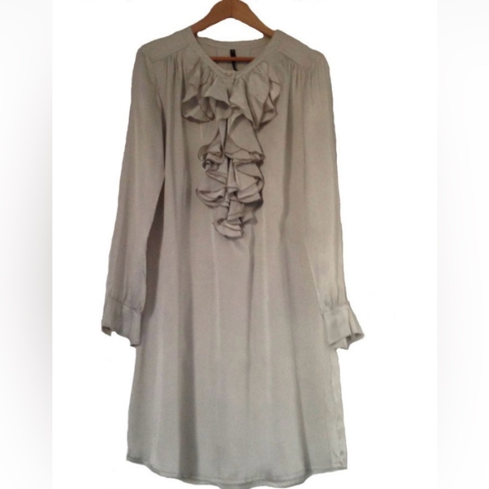 MANILA GRACE, T44 PEARL GRAY MIX SILK RUFFLE LIGHTWEIGHT LONG SLEEVE DRESS